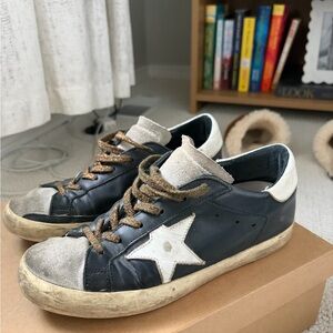 Golden Goose Black Sneakers with White Star and Gold Laces